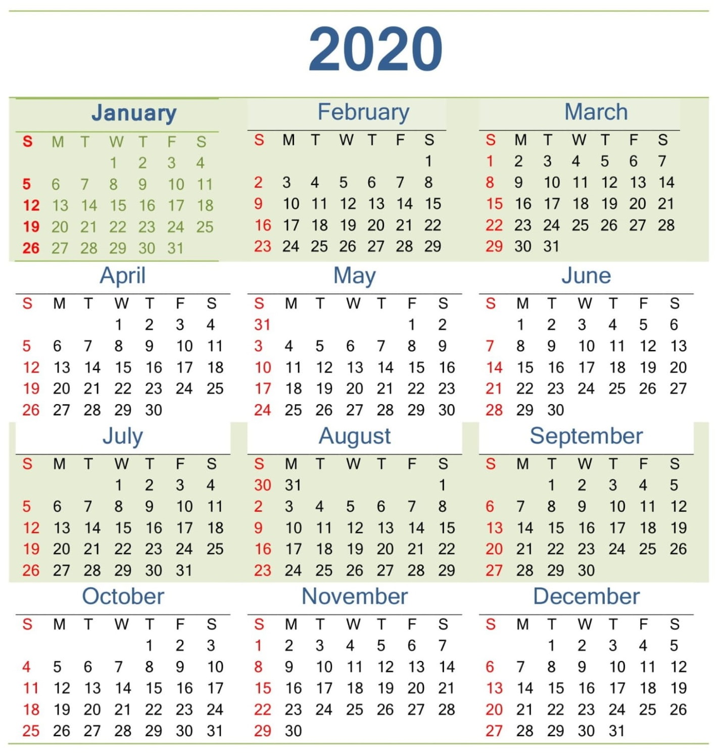 Read more about the article Printable Calendar 2020 PDF Template