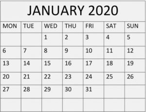 Printable January 2020 Calendar Vertical