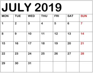 Printable July 2019 Calendar