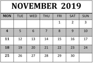 Printable November 2019 Calendar With Holidays India