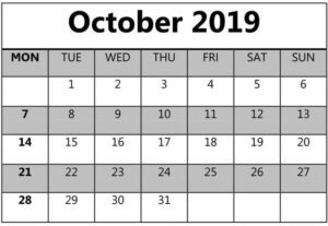 Printable October 2019 Calendar Monthly Planner
