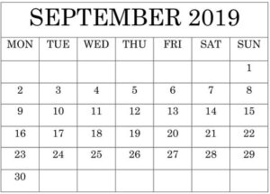 September 2019 Calendar Printable Excel Template