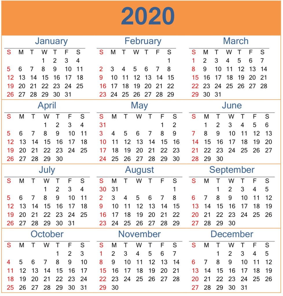 Yearly 2020 Calendar Free Download