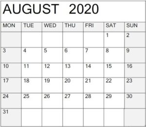 August 2020 Calendar Template