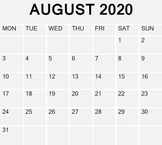 August Calendar 2020 Printable