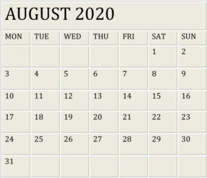 August Calendar 2020 Template