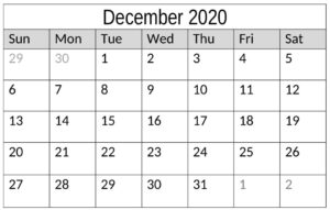 December 2020 Calendar