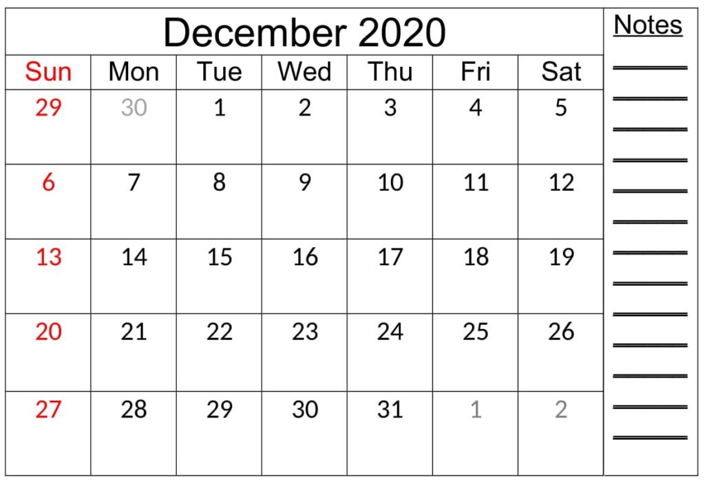 December 2020 Calendar Printable