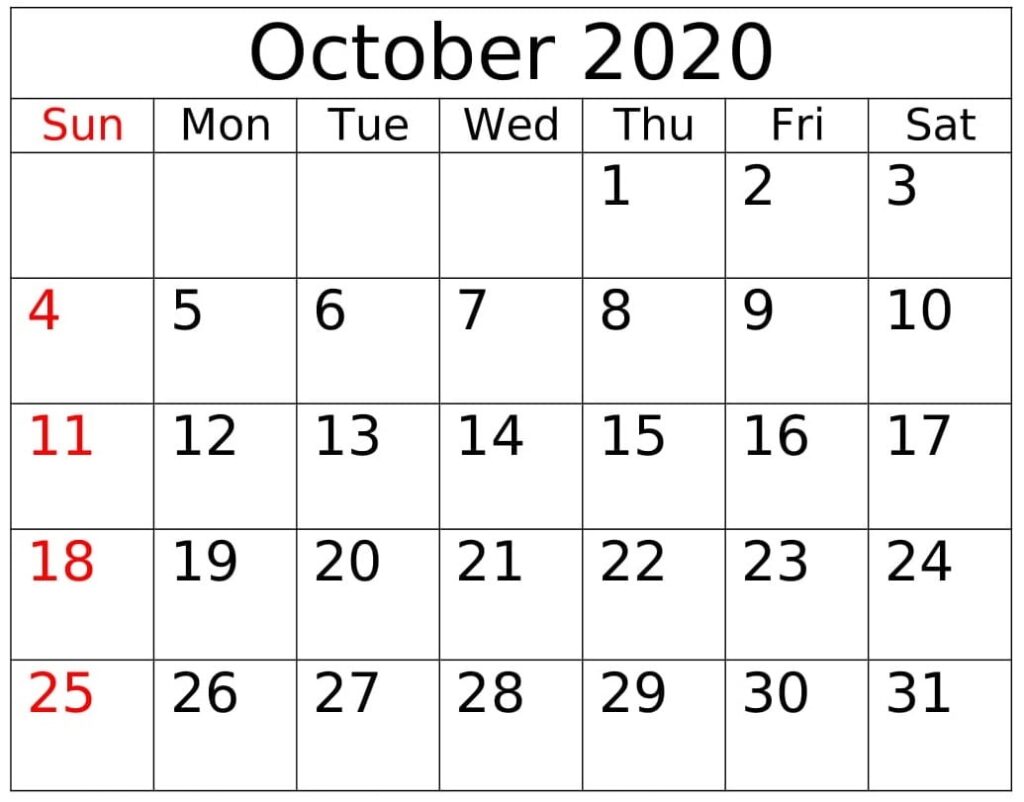 Free Printable October 2020 Calendar Excel