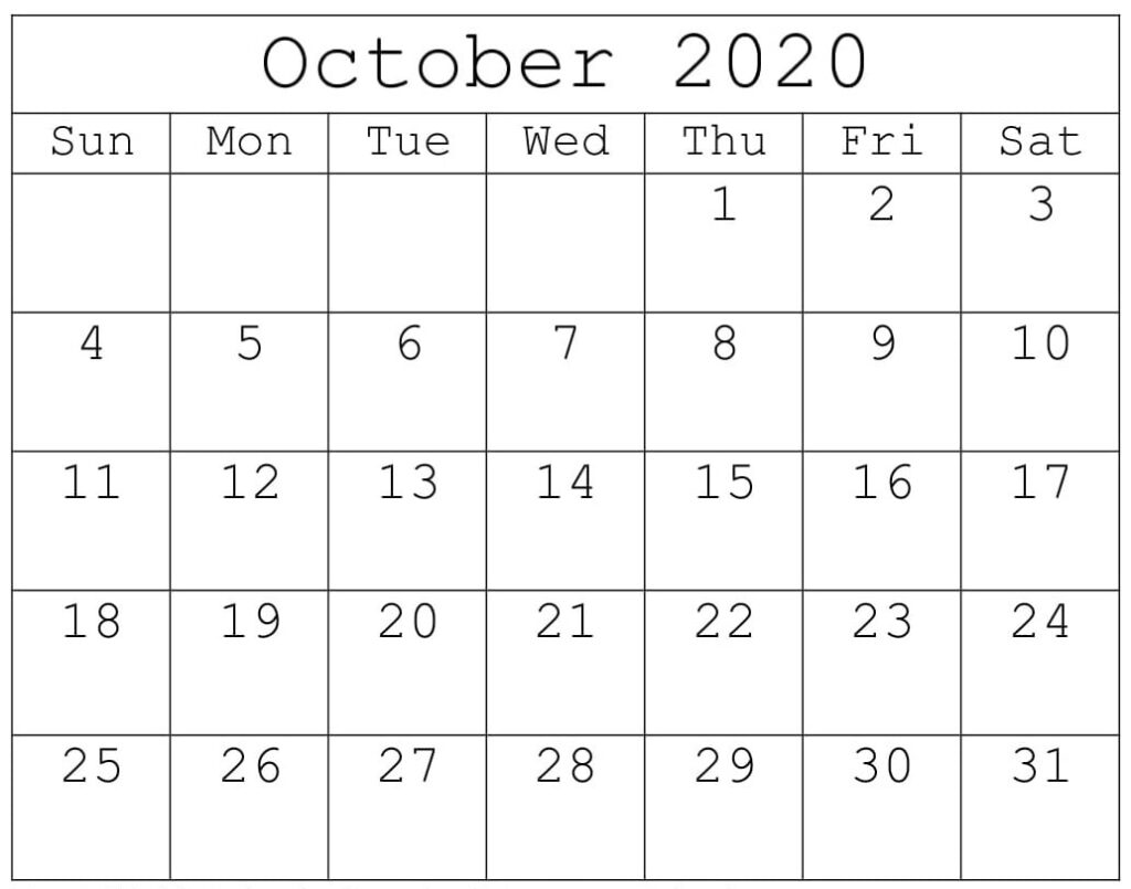 Free Printable October 2020 Calendar Monthly Planner