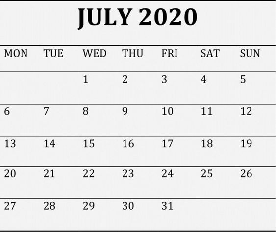 July 2020 Blank Calendar Editable