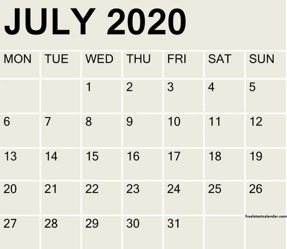 July 2020 Blank Calendar Free