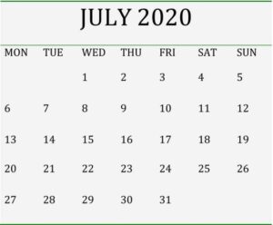 July 2020 Blank Calendar Template