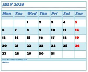 July 2020 Calendar