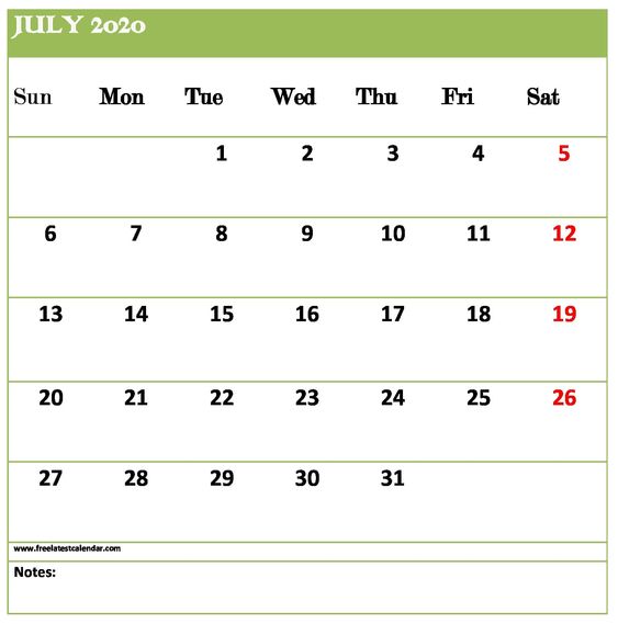 July 2020 Calendar Printable Downloadable