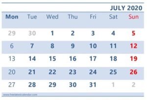 July 2020 Calendar Printable Template