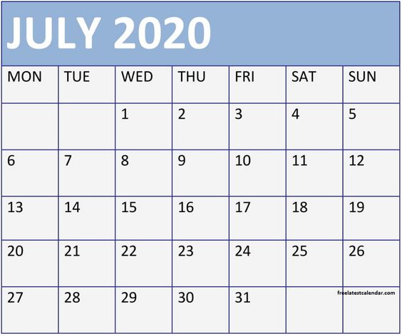 July Calendar 2020 Editable
