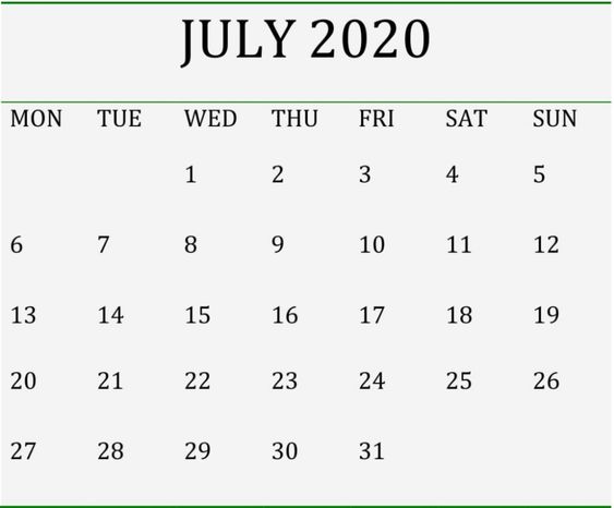 July Calendar 2020 Printable