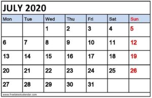July Calendar 2020 Template