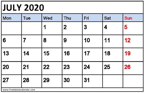 July Calendar 2020 Template