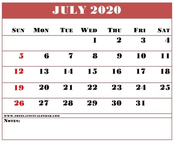July Calendar 2020 Word