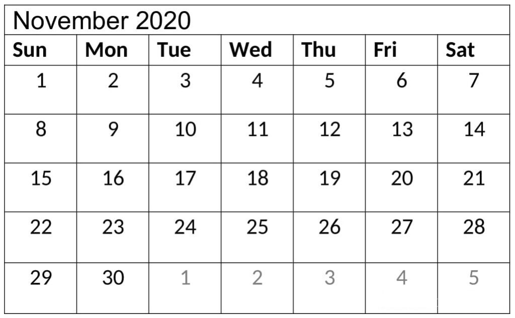November 2020 Calendar Printable