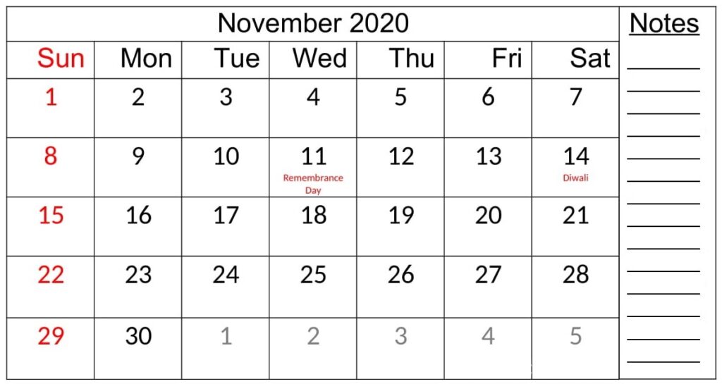 November 2020 Calendar Template Printable