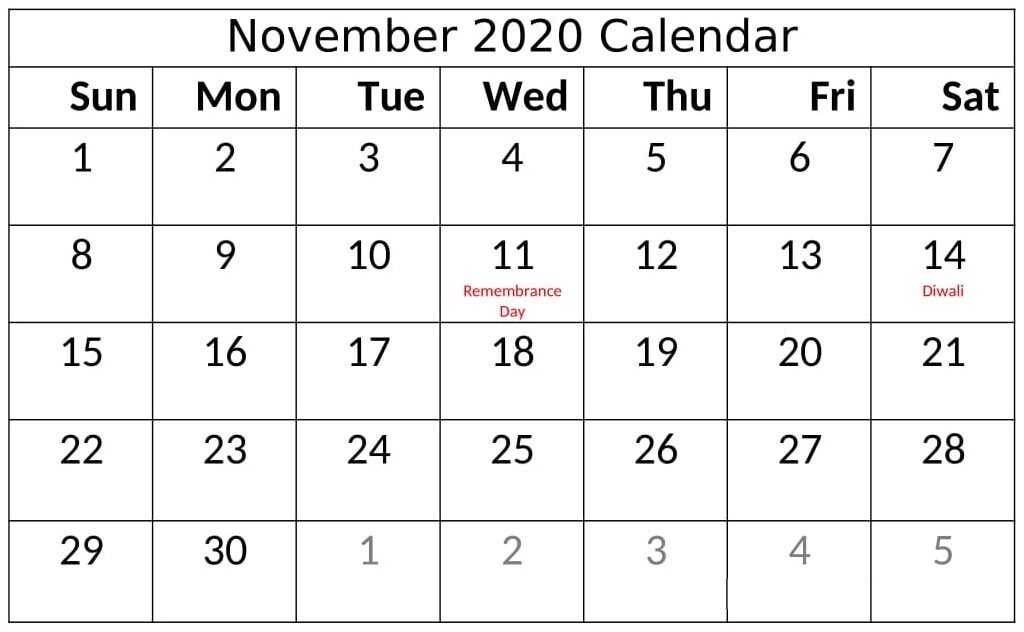 November 2020 Calendar With Holidays USA, Canada, UK