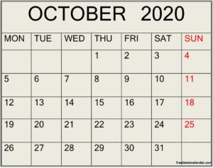 October 2020 Calendar Monthly Template