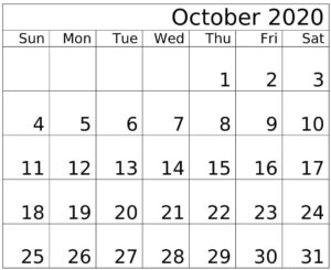 October 2020 Calendar Printable Planner