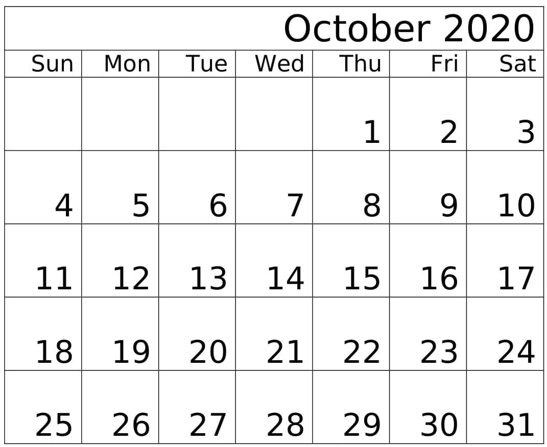 Read more about the article October 2020 Calendar Monthly Template