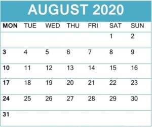 Printable August 2020 Calendar Downloadable