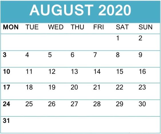 Read more about the article Printable August 2020 Calendar One Page