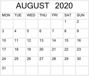 Printable Blank August 2020 Calendar by Month