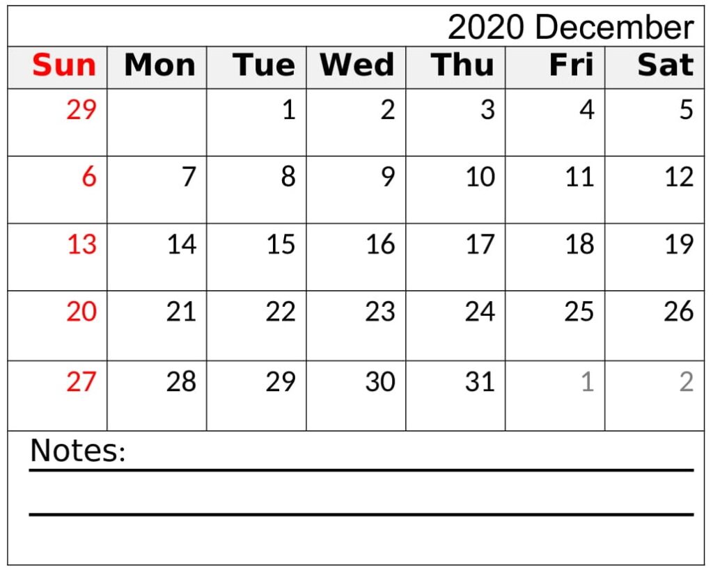 Printable December 2020 Calendar Download