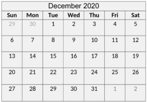 Printable December 2020 Calendar Floral