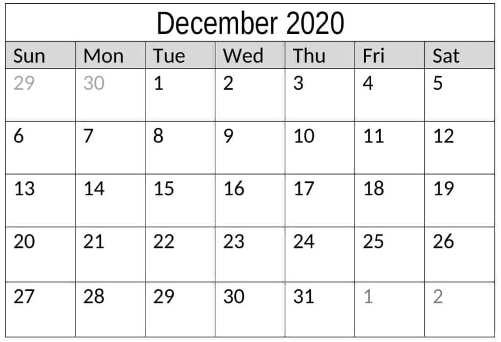 Printable December 2020 Calendar Template