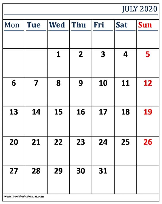 Printable July 2020 Blank Calendar
