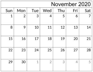 Printable November 2020 Calendar Word