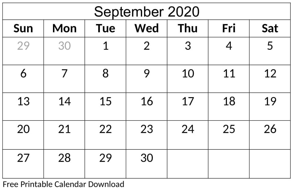 Printable September 2020 Calendar Template