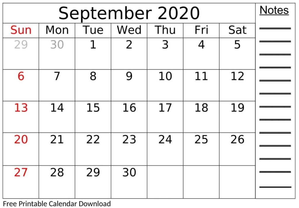 September 2020 Calendar Editable Template