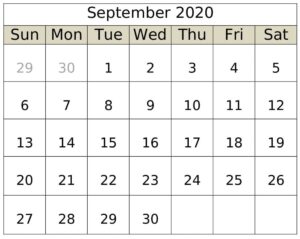 September Calendar 2020 Word