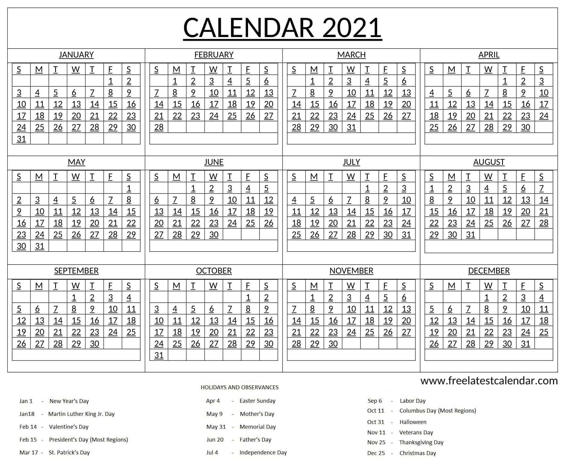 Read more about the article Free Printable Year 2021 Calendar With Holidays