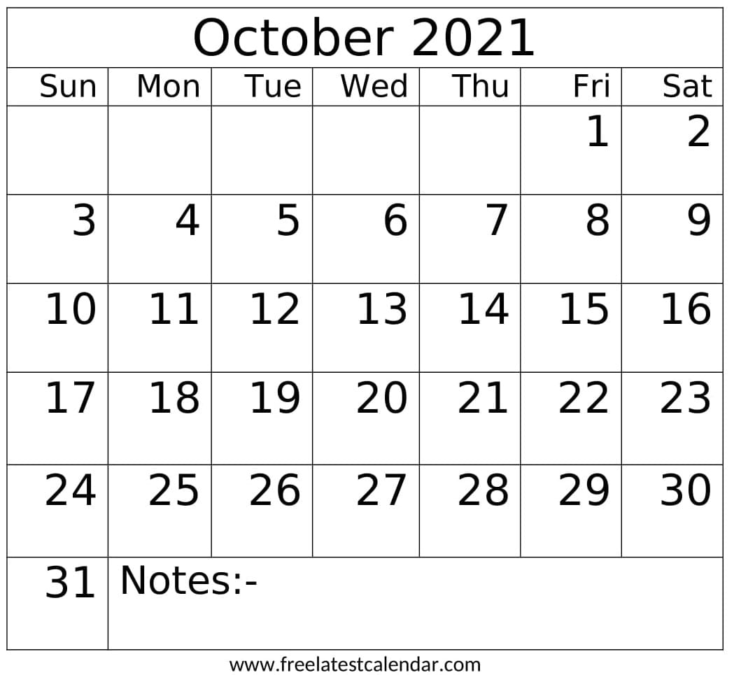 Read more about the article October 2021 Calendar With Holidays
