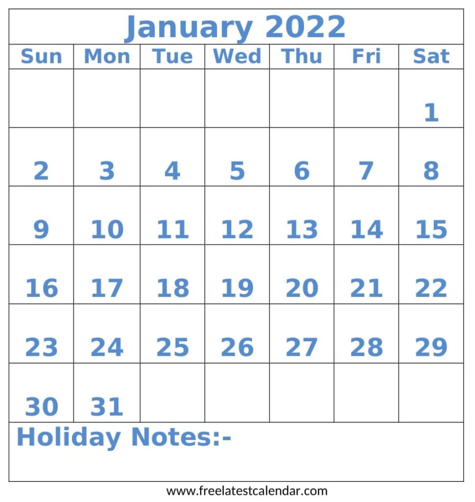 Printable January 2022 Calendar